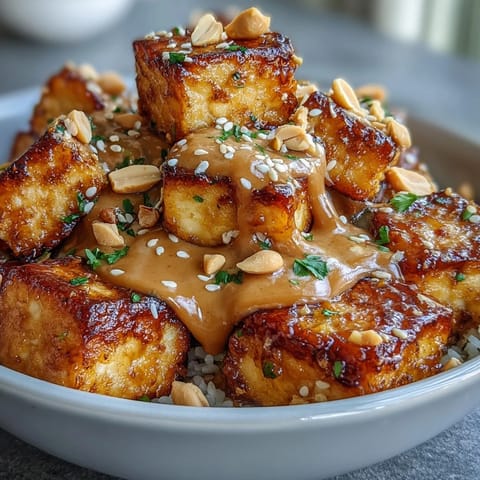 1. Vibrant Peanut Tofu Power Bowl with crispy tofu, colorful veggies, and creamy peanut sauce for a nourishing meal.  