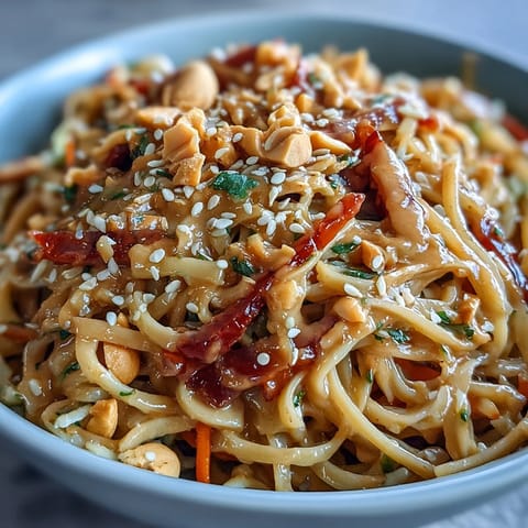 Asian-inspired peanut noodle bowl featuring fresh cabbage, carrots, and bell peppers in a savory-sweet peanut sauce.  