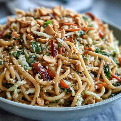Creamy peanut noodle bowl with crisp vegetables and a rich sesame dressing, perfect for a quick vegetarian meal.  