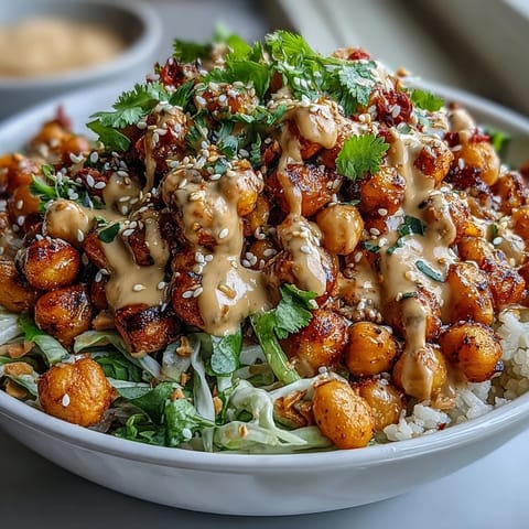Colorful Peanut Chickpea Protein Bowl with roasted chickpeas, fresh vegetables, and creamy peanut sauce drizzled on top.  