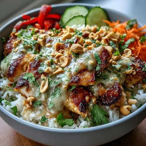 Vibrant Thai peanut chicken bowl with tender chicken, coconut rice, crisp vegetables, and creamy spicy peanut sauce.