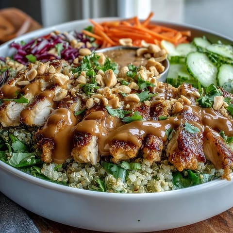 A vibrant peanut chicken power bowl with baked chicken, brown rice, fresh vegetables, and creamy peanut sauce, garnished with chopped peanuts and cilantro.