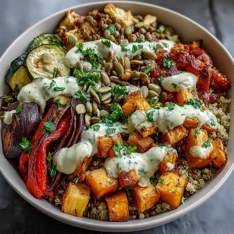 Vibrant lentil power bowl with roasted vegetables, quinoa, and creamy tahini dressing for a healthy plant-based meal.