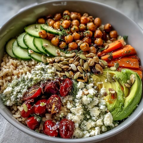 Wholesome grain bowl with brown rice, chickpeas, and fresh vegetables topped with creamy avocado slices and feta cheese.