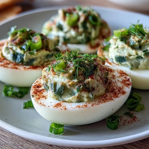 Fresh green avocado deviled eggs with creamy filling, garnished with herbs for spring parties.  