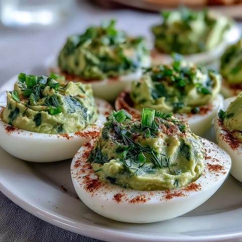 Vibrant avocado deviled eggs, perfect appetizer for spring gatherings with a healthy twist.  