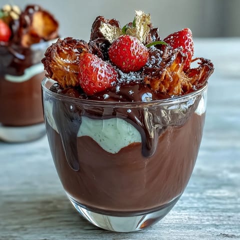 Crisp kataifi pastry cups filled with dark chocolate, pistachio cream, and juicy strawberries, garnished with edible gold leaf.