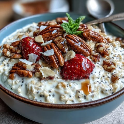 Healthy Easy Overnight Oats with Strawberry and Chia in a glass jar, topped with fresh berries and crunchy nuts.