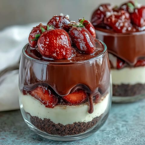Easy Dubai Chocolate Strawberry Cheesecake Cups with rich chocolate biscuit base and creamy filling topped with fresh strawberries.