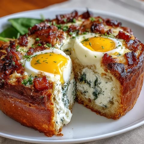 Easter Savory Pie with Hard-Boiled Eggs and Ham, a golden, flaky pastry filled with creamy ricotta, savory ham, spinach, and whole eggs, sliced to reveal colorful layers.