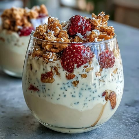 Creamy strawberry overnight oats with chia seeds and granola, layered with fresh berries and crunchy topping for a wholesome breakfast.