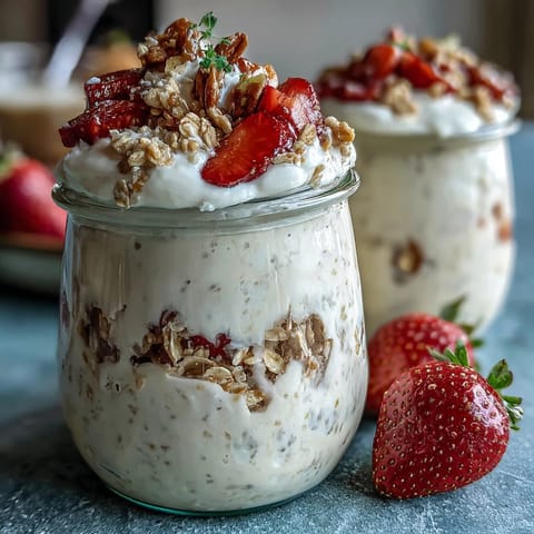 Vibrant strawberry chia overnight oats with creamy Greek yogurt and crunchy granola, perfect for a quick and healthy morning meal.