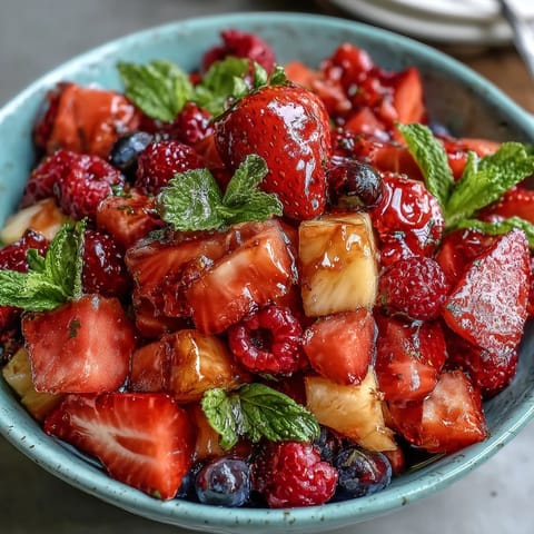 A vibrant bowl of strawberry lemonade fruit salad with fresh berries, grapes, and pineapple, tossed in a tangy lemon-honey dressing.