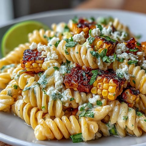 Vibrant Elote Corn Pasta Salad with Cotija cheese, sweet charred corn, and zesty lime dressing in a colorful bowl.