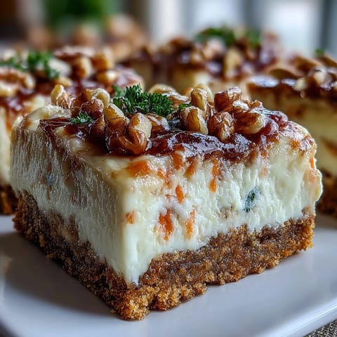 Creamy carrot cake cheesecake bars with marbled layers of spiced cake and smooth vanilla cheesecake, topped with crunchy nuts.