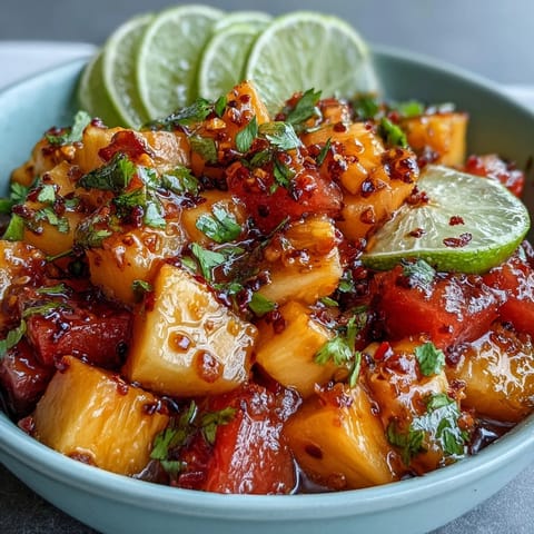 Bright tropical fruit cups with ripe mango, pineapple, and watermelon tossed in zesty lime and chili seasoning.