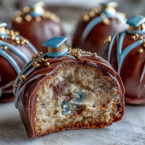 Festive graduation cake pops in school colors, dipped in vibrant chocolate and decorated with edible glitter.