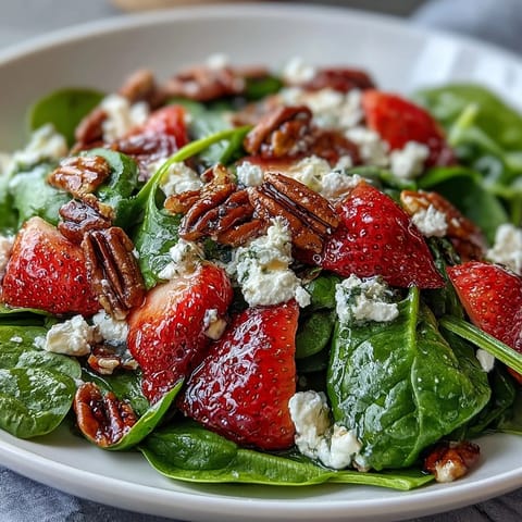 Spring strawberry spinach salad with creamy goat cheese and candied pecans, drizzled with tangy balsamic vinaigrette for a refreshing spring dish.