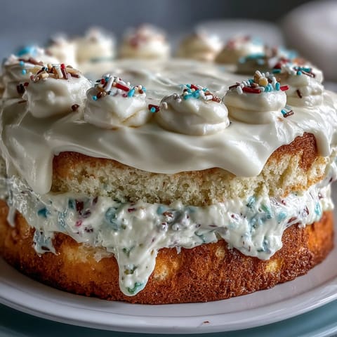 Glistening Funfetti Dip Cake topped with cheerful rainbow sprinkles, ready for parties.