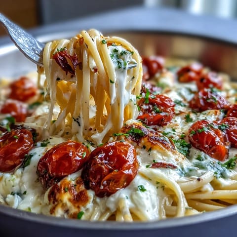 Creamy baked feta pasta with bursting tomato sauce, topped with fresh basil.