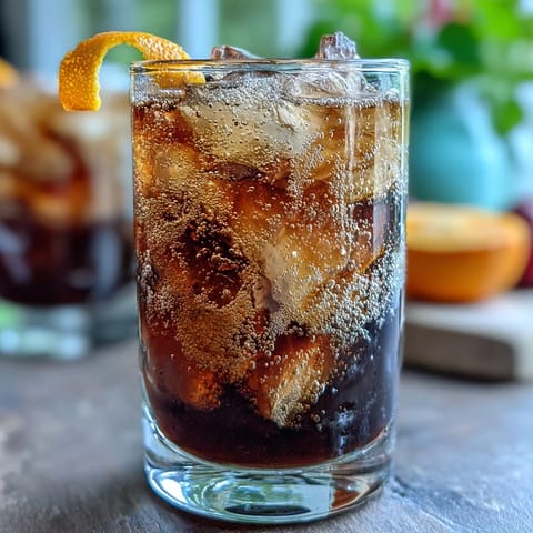 Cold Brew Coffee Tonic with Orange Zest: bubbly, citrusy refreshment poured over ice.