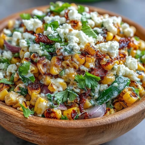 Vibrant Mexican Street Corn Salad with cotija, cilantro, and charred corn kernels.