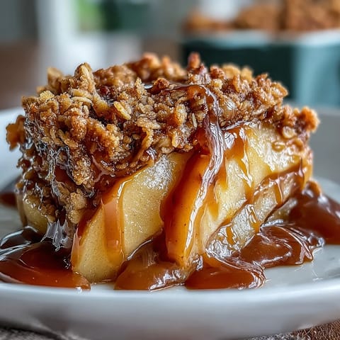 Whiskey caramel apple crisp with bubbly filling and golden oat topping.