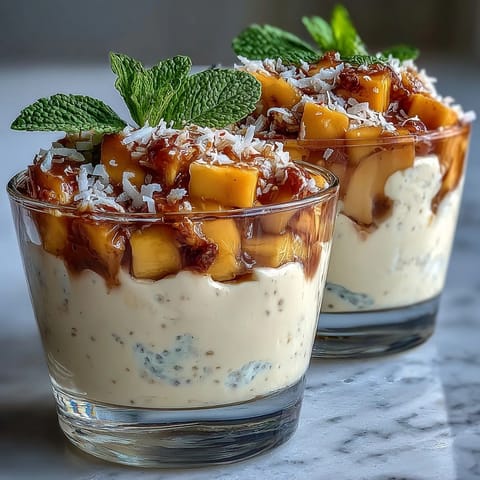 Creamy Skyr Protein Chia Pudding with vibrant mango swirl and fresh toppings.