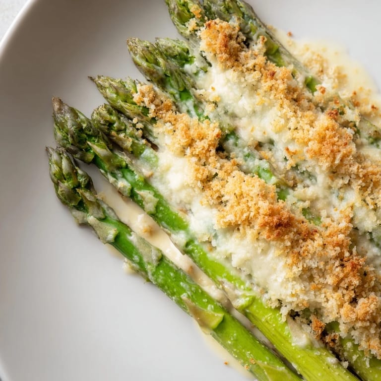 A comforting vegetarian Asparagus Casserole, showcasing asparagus spears in a rich, cheesy sauce and crispy topping.