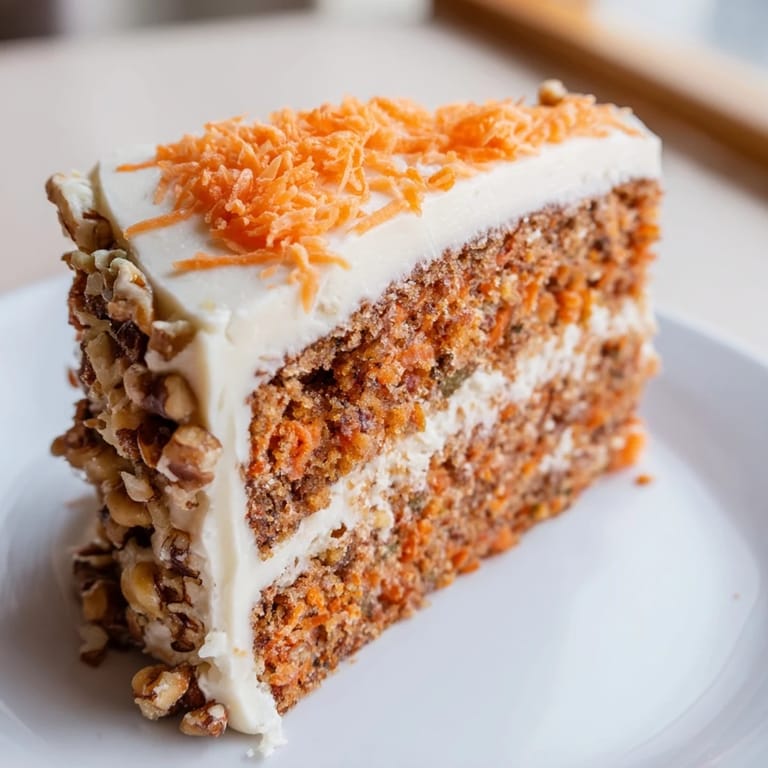 A layered carrot cake is artfully garnished for a beautiful American dessert presentation.