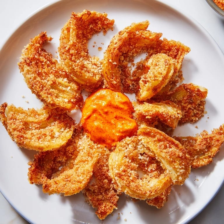 Crispy, blooming onion petals, fried to perfection, served alongside a vibrant, flavorful spicy dipping sauce.