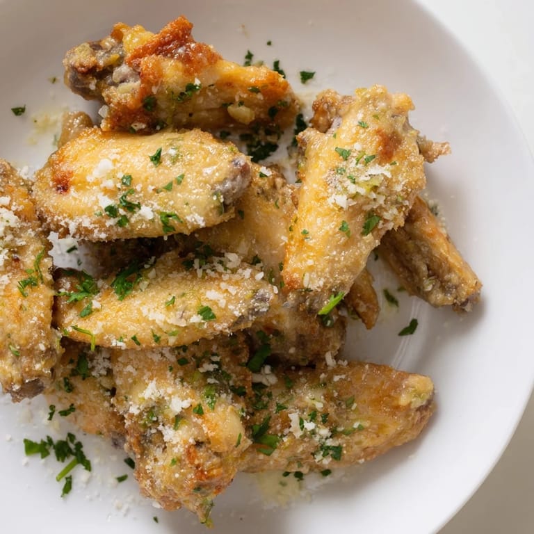 Close-up of Garlic Parmesan Wings shows glistening garlic butter and fresh Parmesan topping.