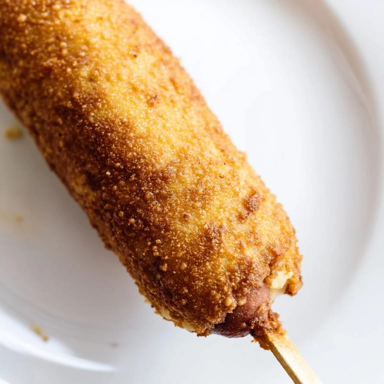 Perfectly fried corn dogs on a stick—a sweet cornmeal batter encasing a tasty hot dog!
