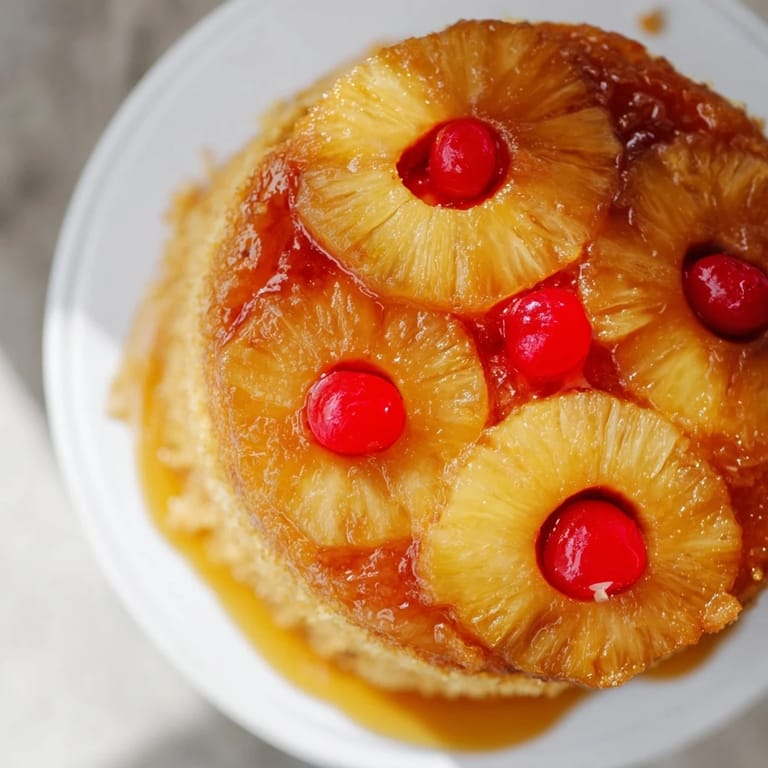 Sweet and buttery Pineapple Upside-Down Cake with appealing caramelized pineapple rings and topping.