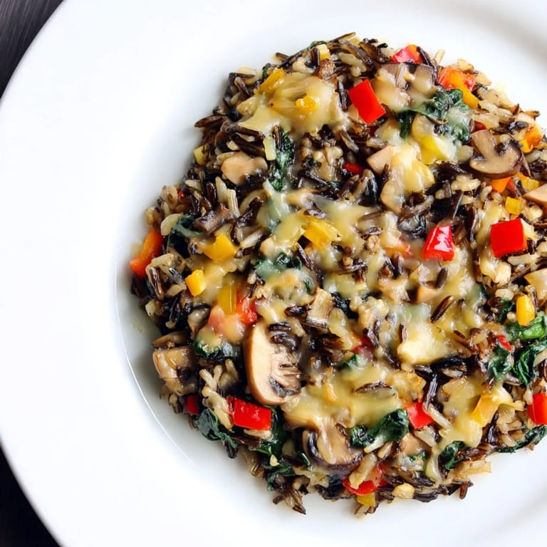 Vibrant wild rice casserole, featuring hearty mushrooms and colorful veggies, ready to enjoy.