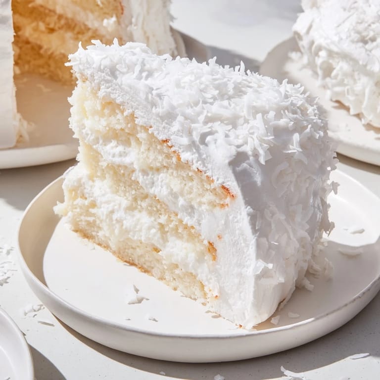 A beautifully frosted Coconut Cake, ready to be sliced, perfect for a celebratory dessert.