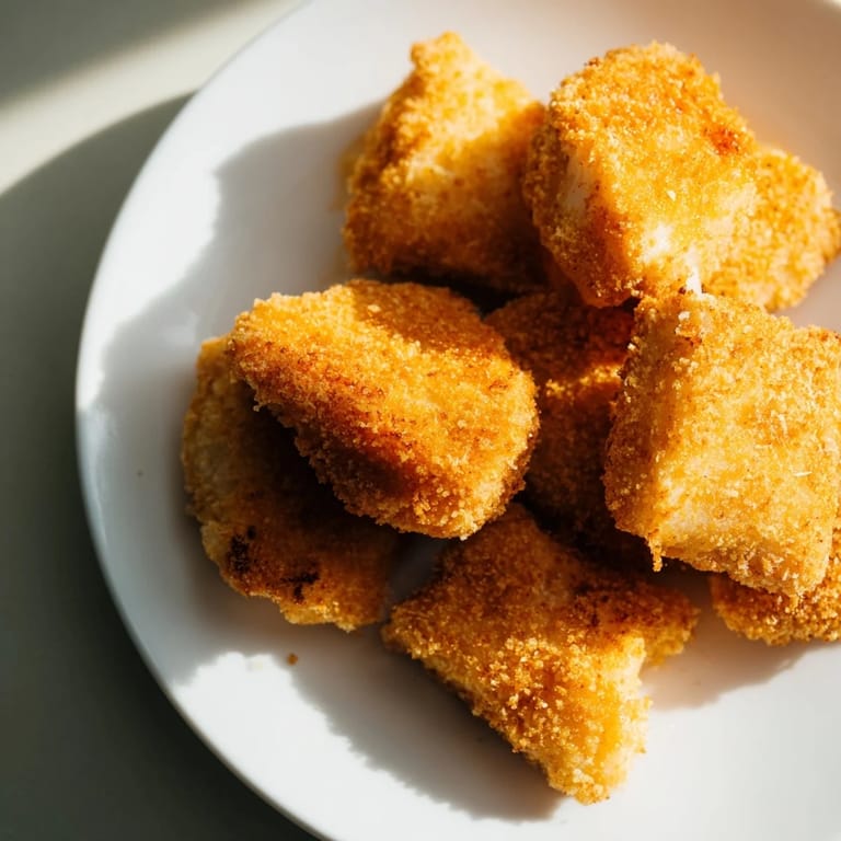Close up of freshly fried chicken nuggets, with a nicely textured, golden crust, delicious!