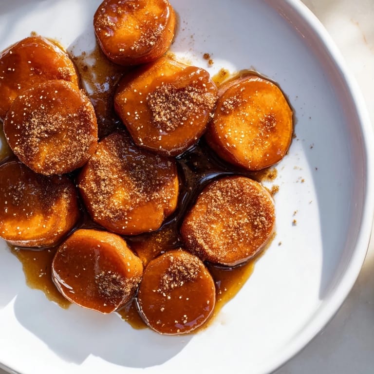 Baked candied yams, showing tender sweet potatoes coated in a rich, buttery, brown sugar glaze.