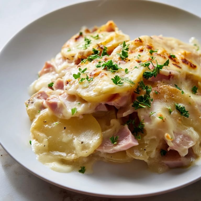 Creamy layers of cheesy Scalloped Potatoes with Ham, perfectly baked and garnished with fresh parsley.