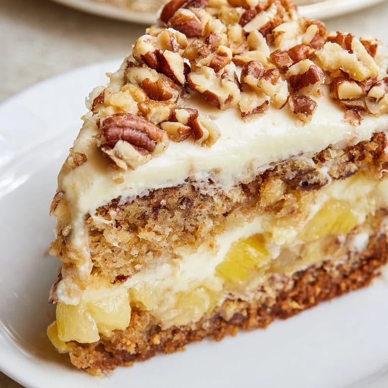 Golden brown Hummingbird Cake with visible banana and pineapple, served with a dusting of chopped pecans .