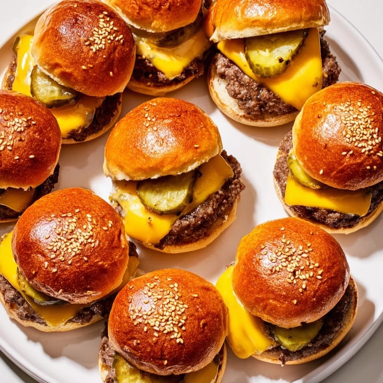 A close-up of juicy mini hamburgers, sliders, piled high, ready to be devoured at a picnic.