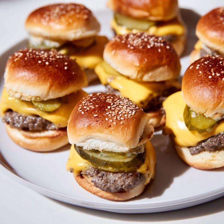 These flavorful sliders—mini hamburgers—are stacked high with toppings and ready to serve for a family dinner.