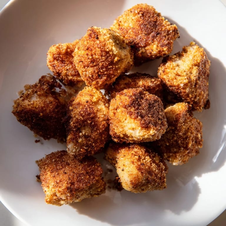 A close-up shot of perfectly fried popcorn chicken, showing its juicy interior and flavorful breading.