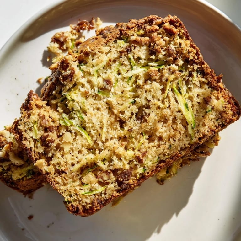 A close-up shot of a moist slice of zucchini bread, showcasing its cinnamon swirl and texture.