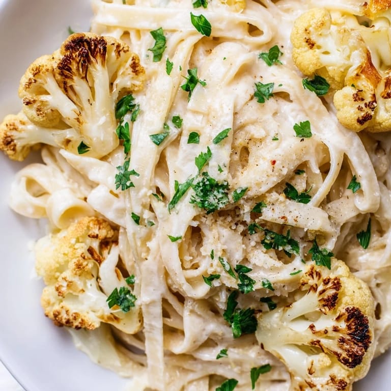Roasted Cauliflower Alfredo pasta twirled on a fork, showcasing a silky, nutmeg-infused sauce made from blended cauliflower and garlic.