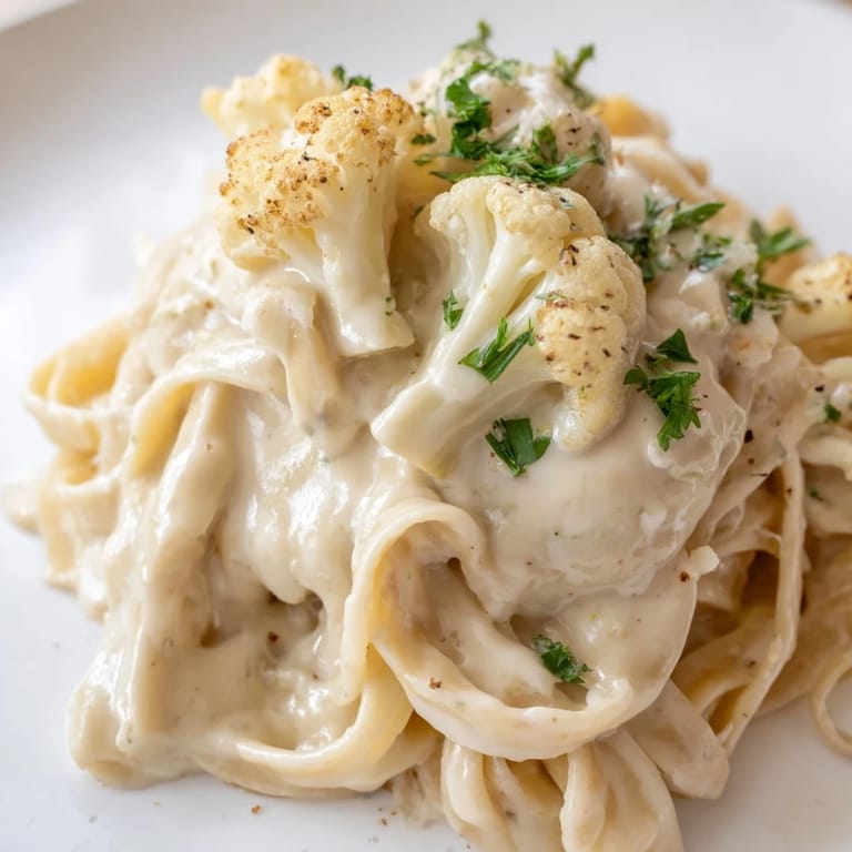 A skillet of Roasted Cauliflower Alfredo, a vegetarian main dish with steam rising from the creamy sauce and grated Parmesan topping.