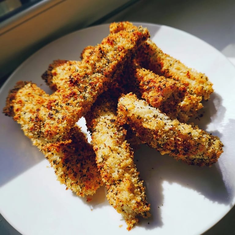 A close-up view of Crispy Panko Chicken Strips highlights the golden-brown breading and tender meat, served hot from the oven.