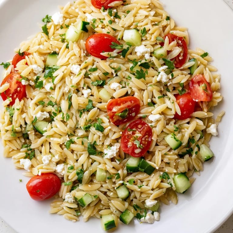 Greek Orzo Salad in a white bowl, featuring juicy tomatoes, crisp cucumber, and briny feta, perfect for summer picnics.