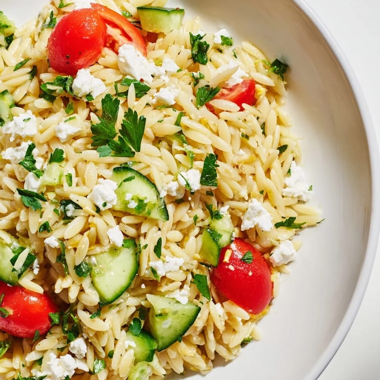 A vibrant bowl of Greek Orzo Salad, mixing tender orzo, red onion, and fresh herbs tossed in a bright dressing.