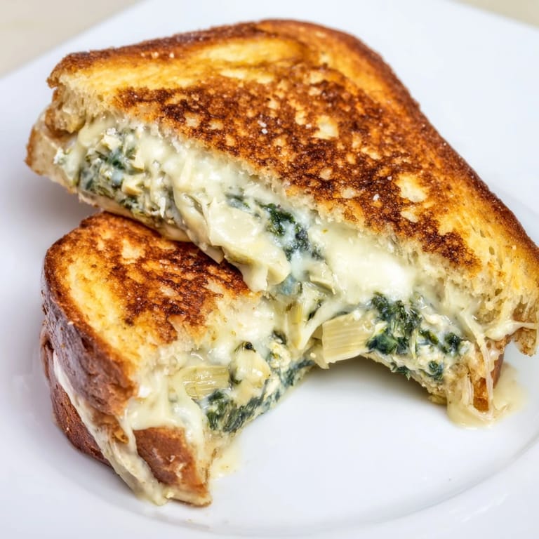 Perfectly golden Spinach Artichoke Grilled Cheese served on a rustic plate, ready to be dipped into a warm bowl of tomato soup.